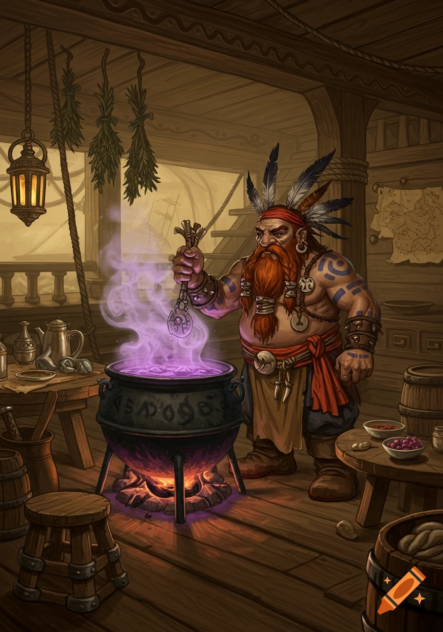 A detailed fantasy illustration of a dwarf shaman with feathers in his hair, stirring a glowing purple potion in a cauldron aboard a wooden pirate ship.