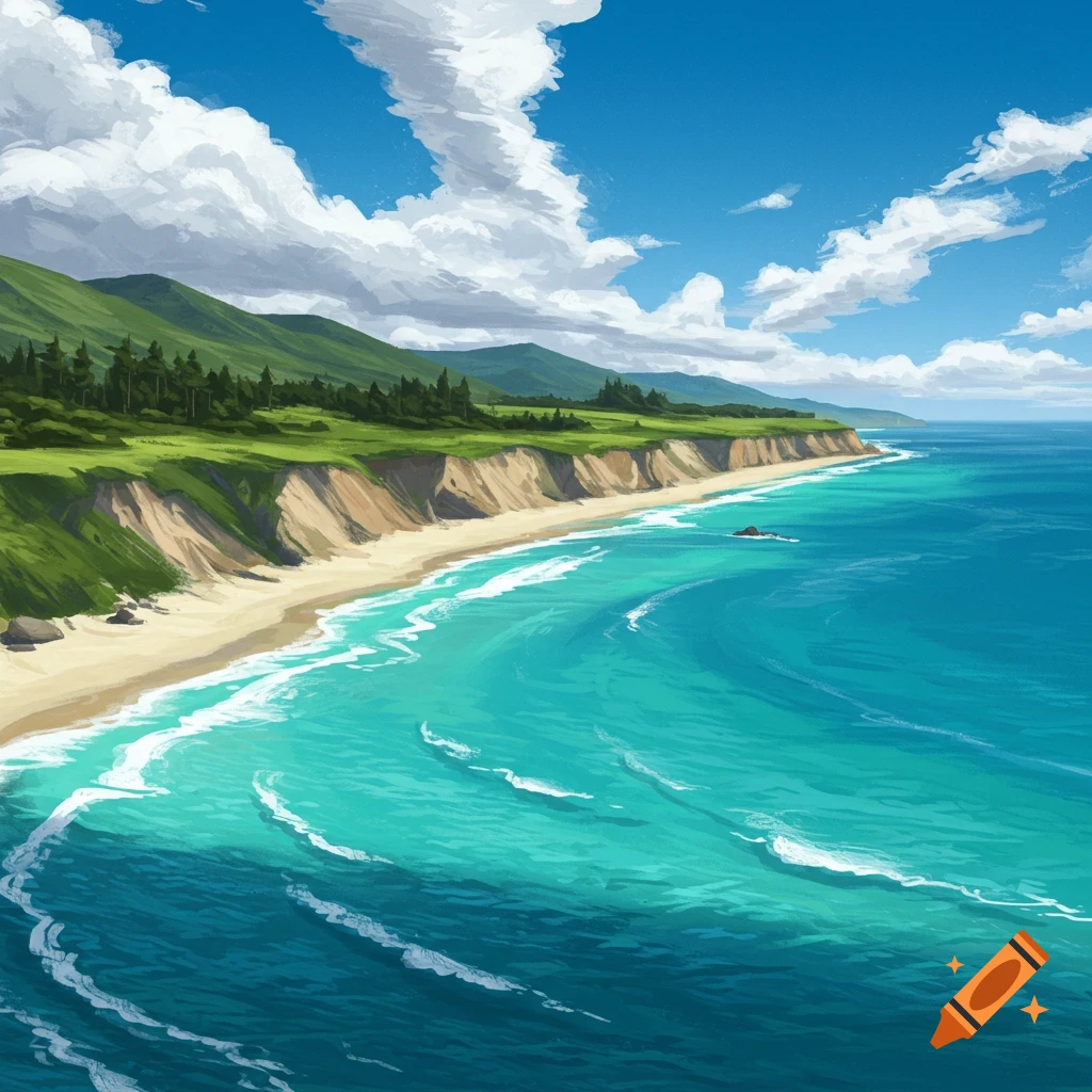 Vibrant illustration of a sandy beach, green cliffs, turquoise ocean, and hills under a blue sky with white clouds.