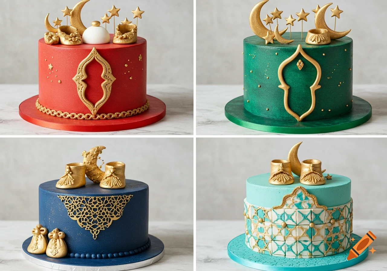 Four photorealistic Moroccan cakes: red, green, blue, and turquoise, decorated with gold fondant crescent moons, stars, baby shoes, and intricate patterns.