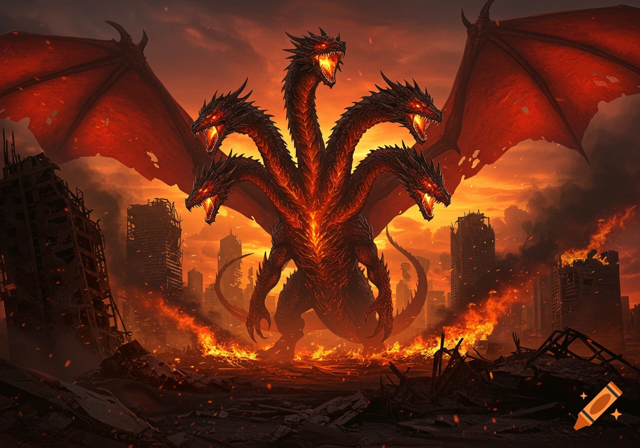 A gigantic red five-headed winged dragon stands in the fiery ruins of a modern city against an orange sky, illustrative style.