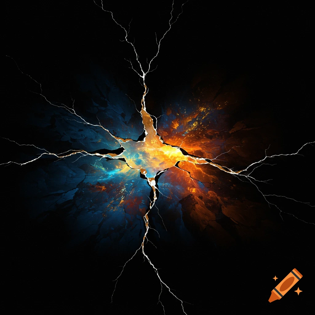 An abstract image showing a jagged crack with glowing orange and blue energy bursting from a black background, with lightning-like tendrils spreading out.