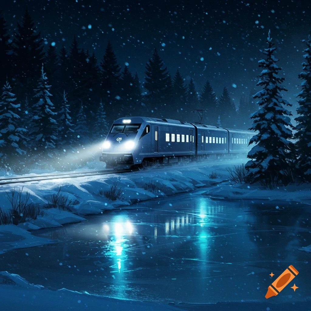 A blue train with bright headlights travels through a snowy forest at night, reflecting in a frozen stream.