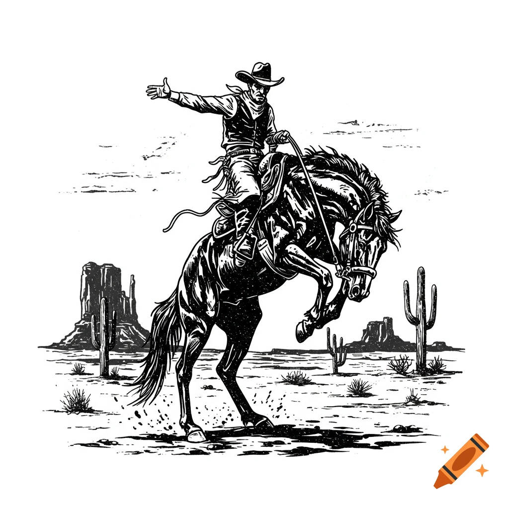 Black and white distressed illustration of a cowboy on a bucking horse in a desert landscape.
