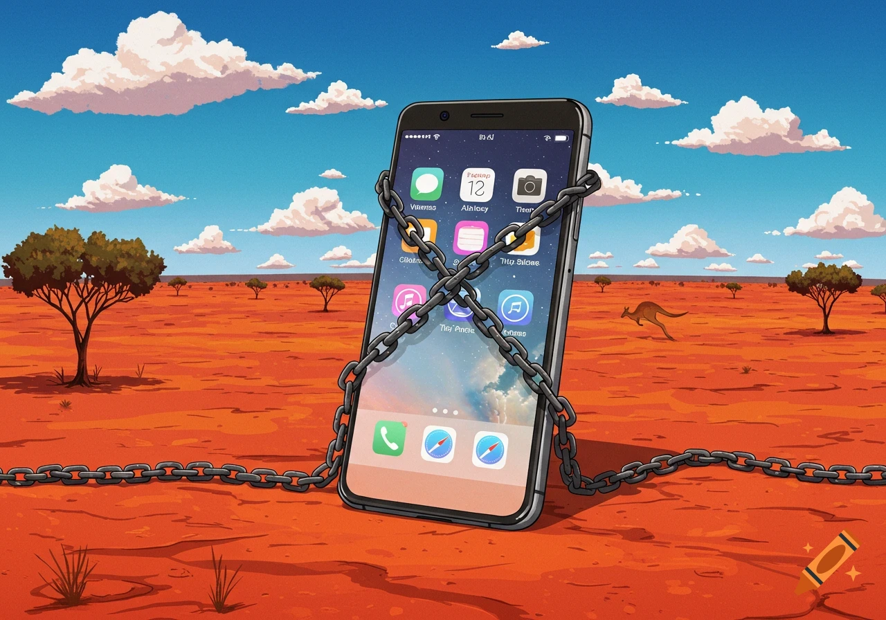 An illustrated smartphone chained in a red Australian desert with scattered trees and a kangaroo under a blue sky.
