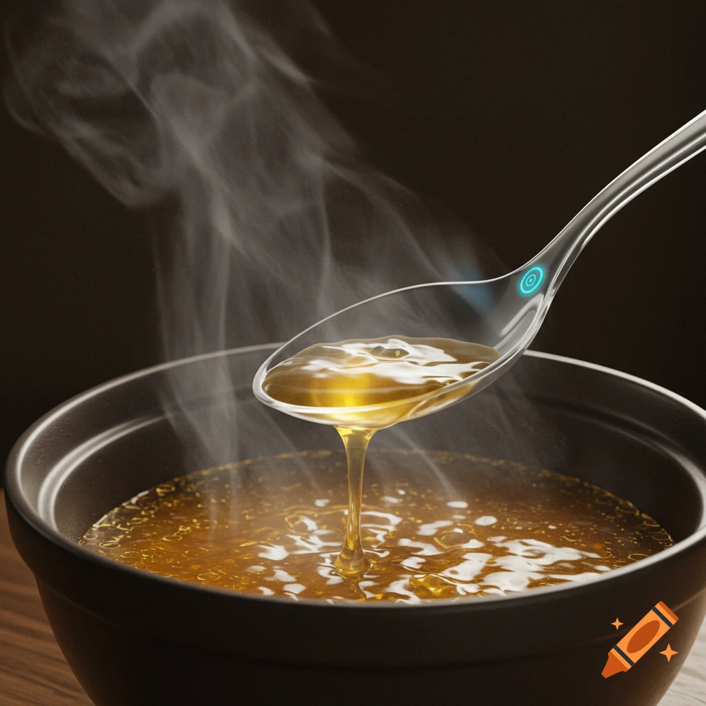 Hot soup drips from a transparent, futuristic spoon with a glowing blue button into a black bowl, with steam rising, photorealistic.