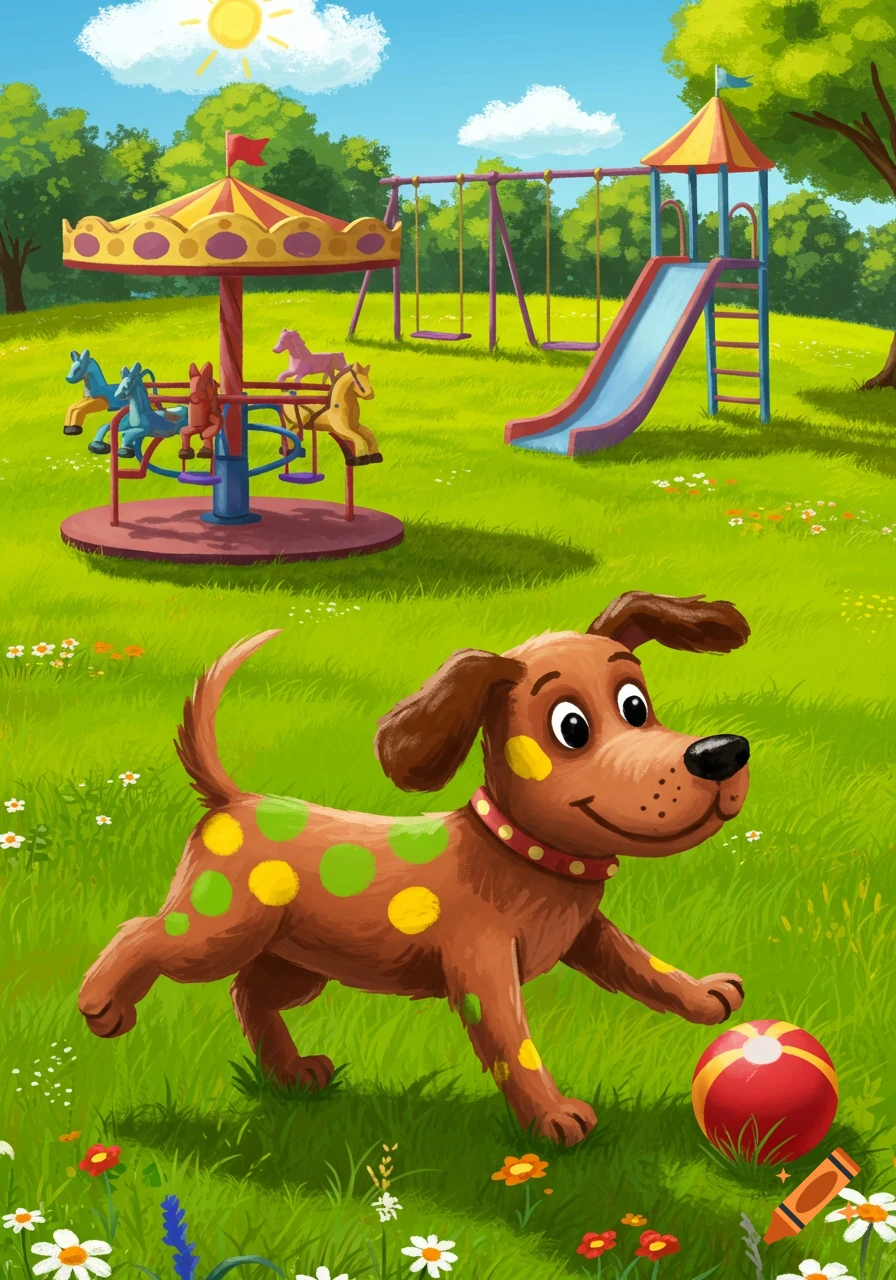 A cartoon brown dog with green and yellow polka dots runs with a red ball in a sunny playground.