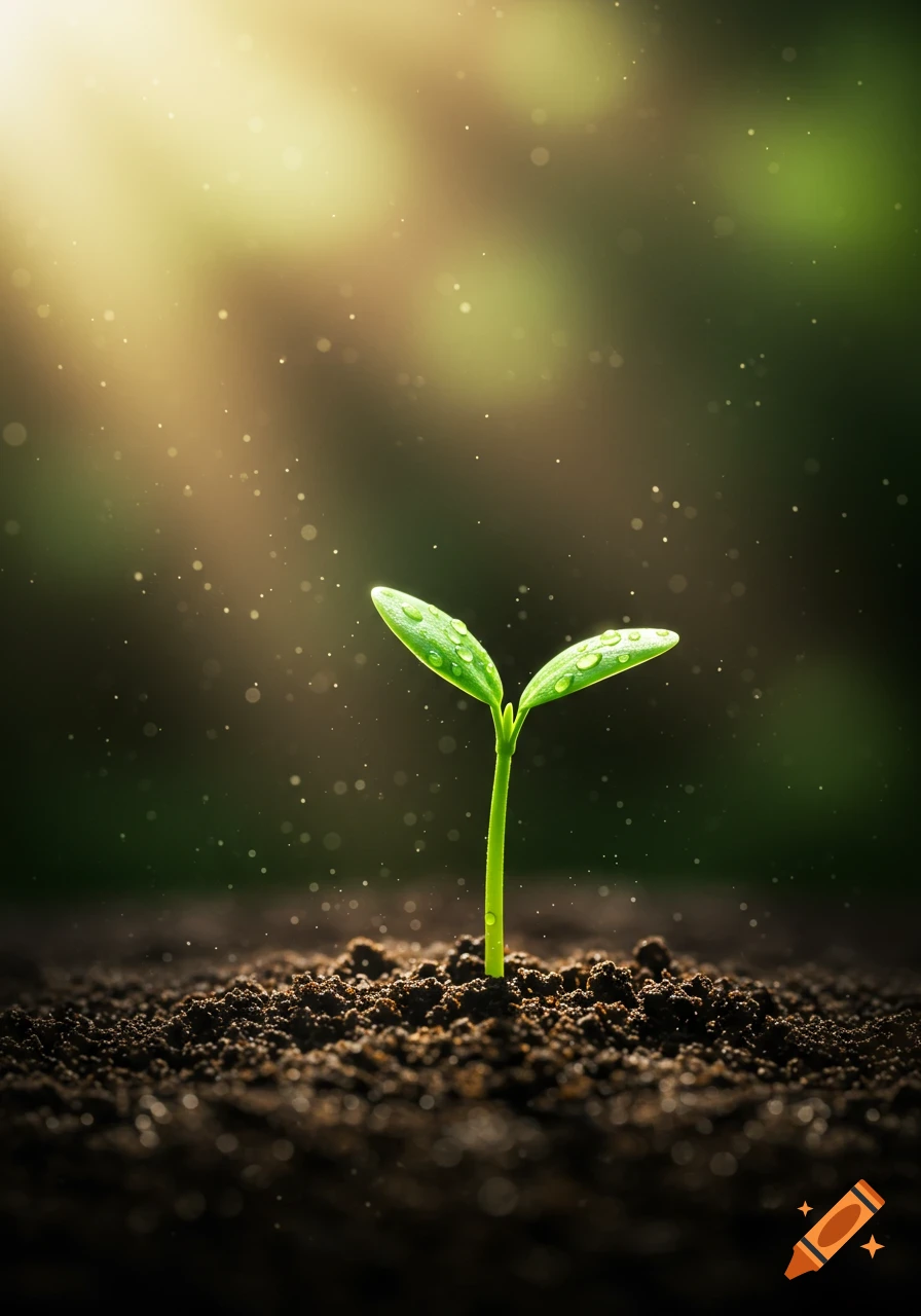 A vibrant green sprout with two leaves and dewdrops emerges from rich brown soil, bathed in warm sunlight with bokeh effects.