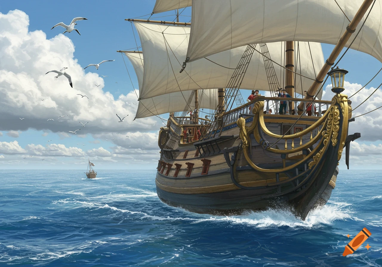 A large, ornate VOC-style sailing ship with white sails cutting through blue ocean waves, with seagulls flying above and a smaller ship in the distance, in a realistic digital painting style.