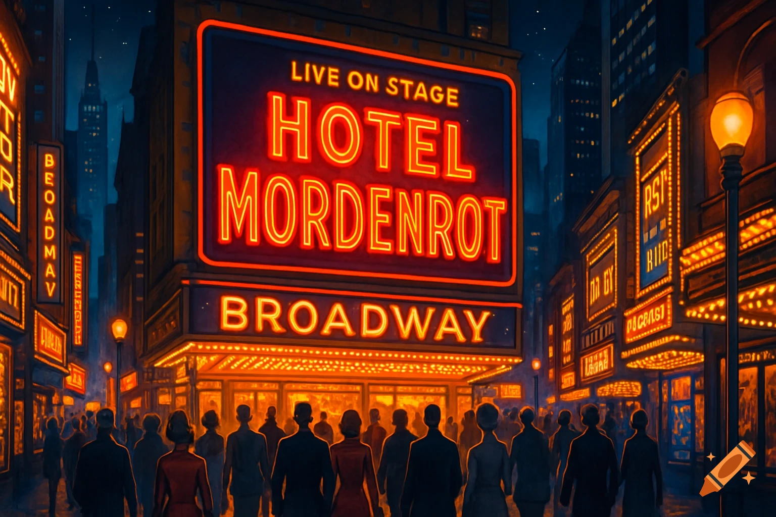 A bustling Broadway street at night, with a large neon sign advertising "HOTEL MORDENROT" brightly illuminated above a crowd.