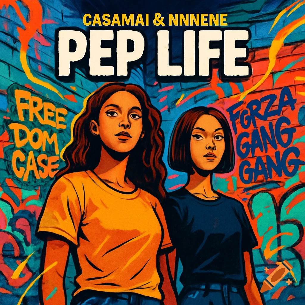 A vibrant street art album cover featuring two young women against a graffiti-filled wall, with "PEP LIFE" and artist names at the top.