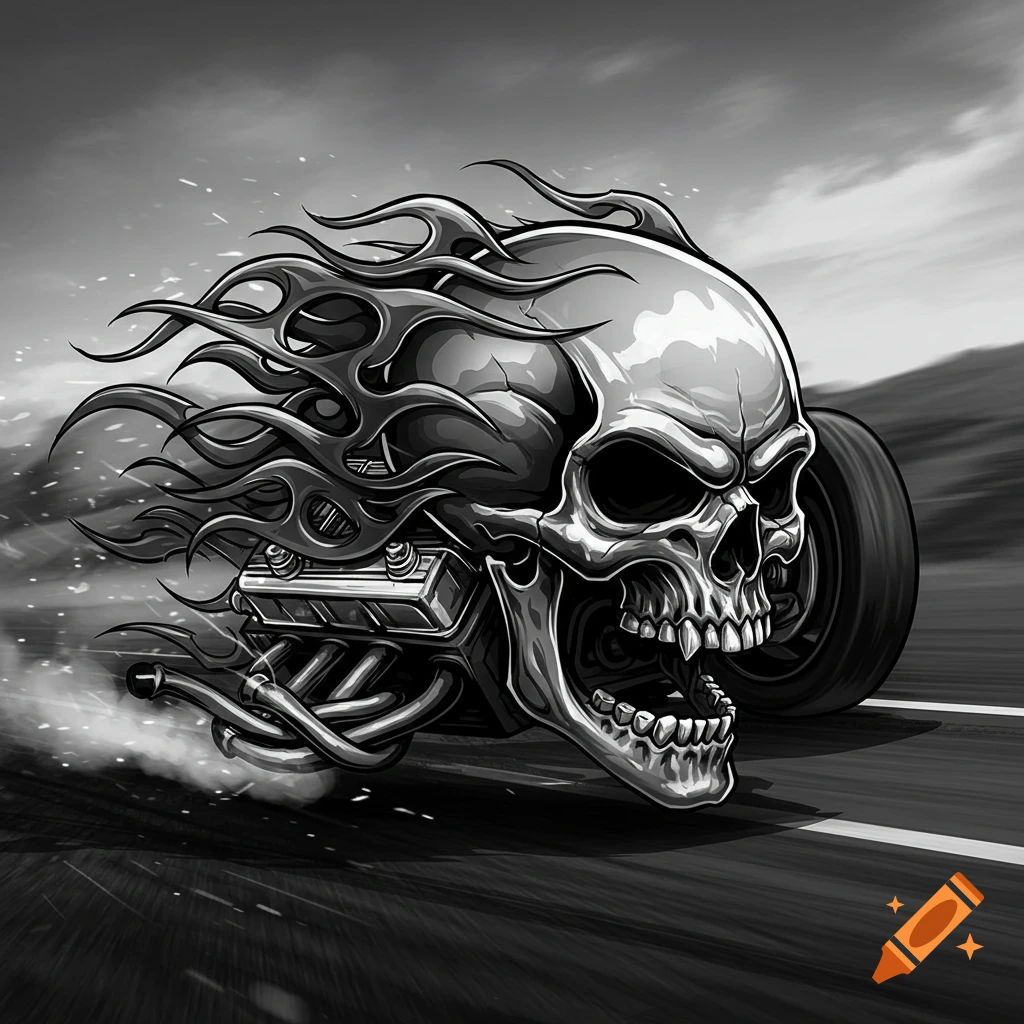 A black and white illustration of a flaming skull hotrod racing on a road.