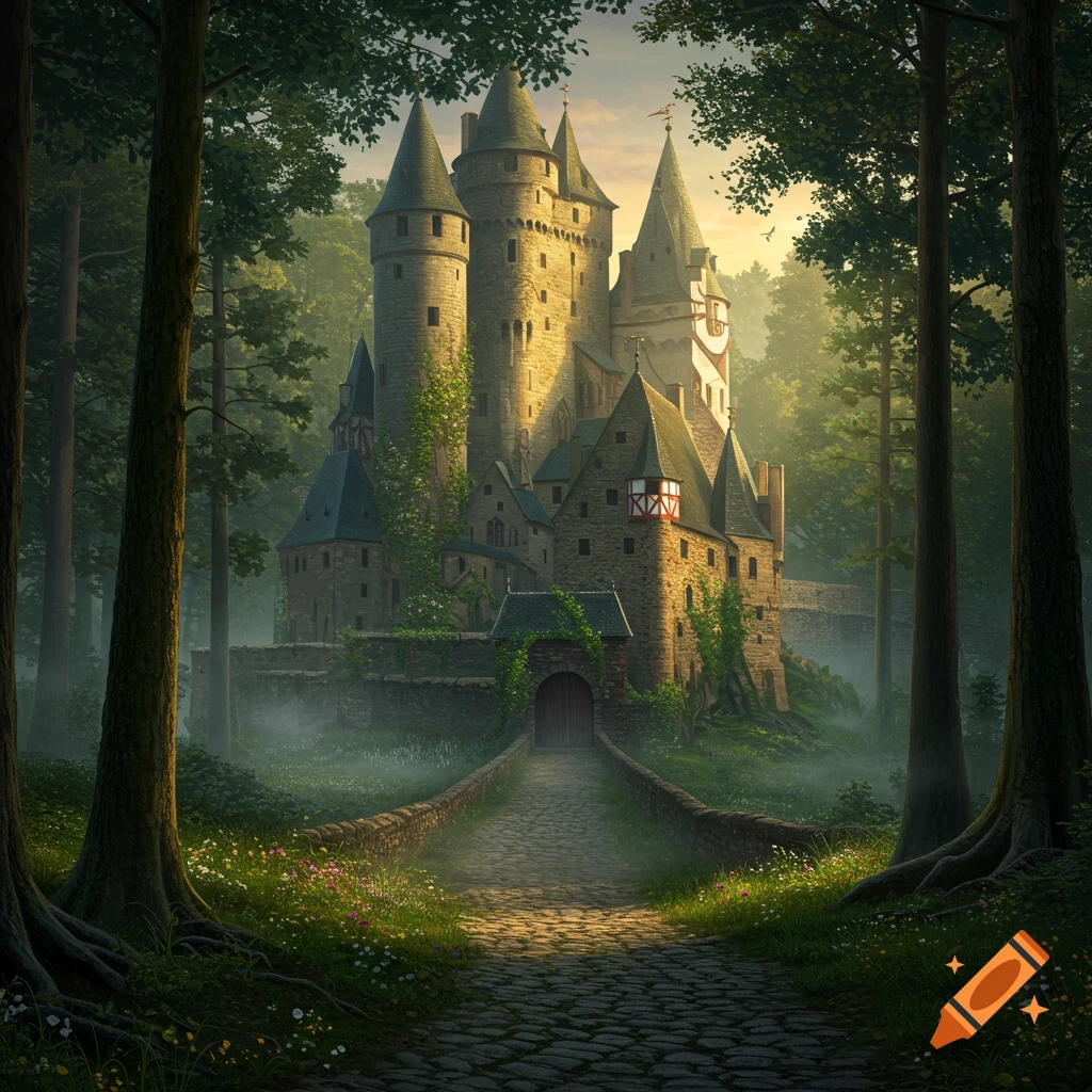 A majestic medieval castle with multiple towers nestled deep within a ...