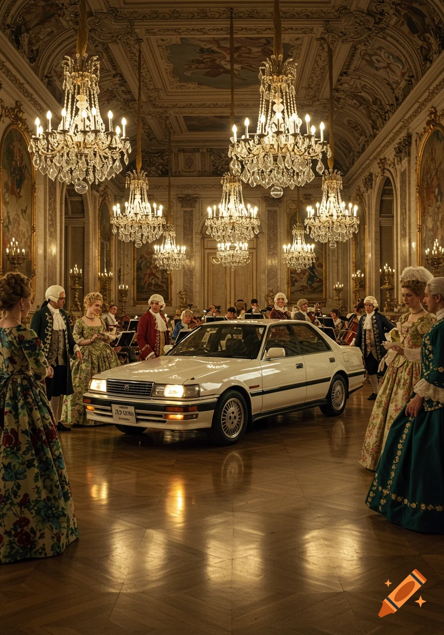 A white Toyota Chaser sits in an opulent 18th-century ballroom with guests in period attire admiring it under chandeliers.
