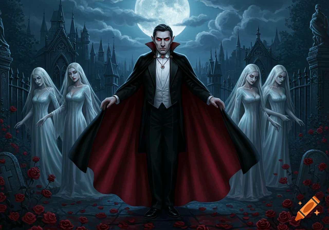 A digital painting depicts Dracula in a black cape standing with four pale vampire brides in a moonlit gothic graveyard with red roses.