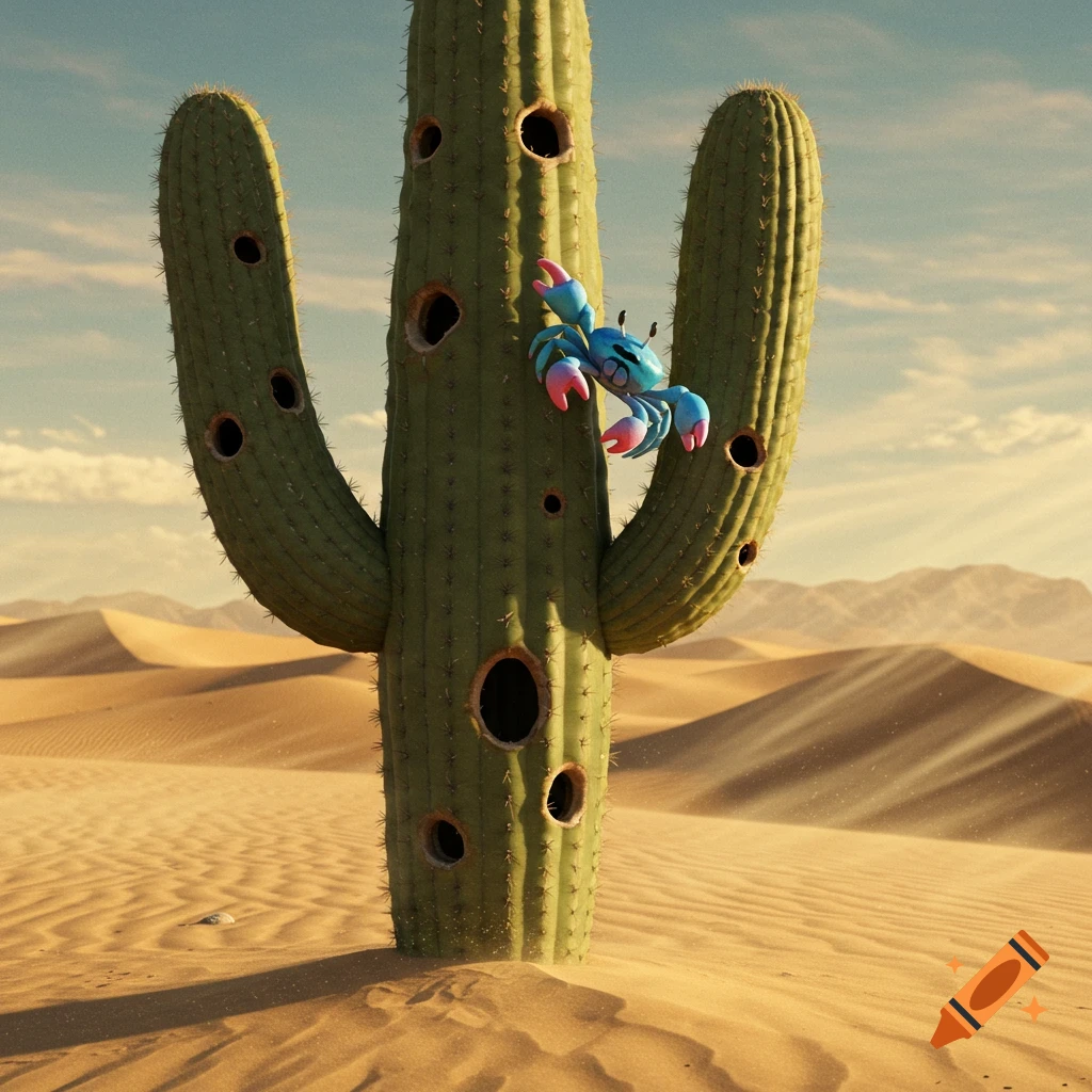A whimsical blue and pink crab climbs a tall green saguaro cactus with multiple holes in a vast sunny desert landscape.