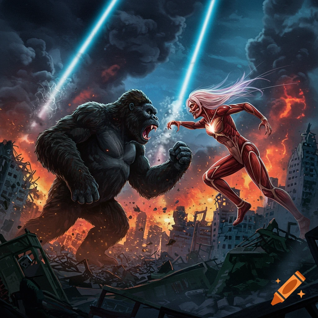 King Kong battles the Female Titan in a destroyed city under blue light beams, digital art.