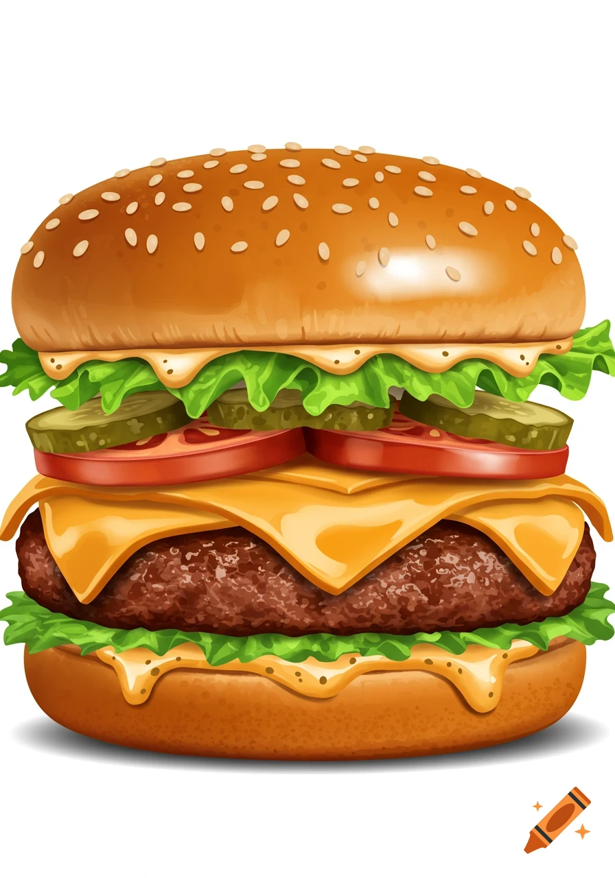 Detailed illustration of a hamburger with sesame bun, lettuce, tomato, pickles, cheese, and a juicy patty.