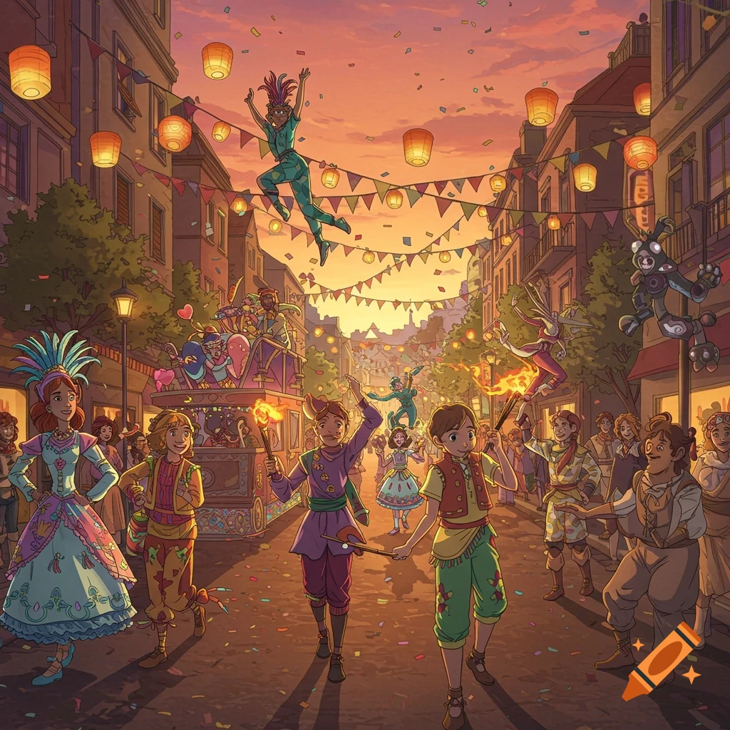 A vibrant animated street festival at sunset with costumed people dancing, a float, lanterns, and banners.
