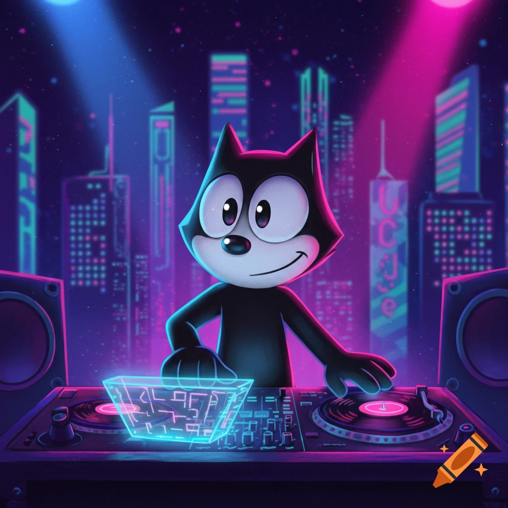 Felix the Cat as a DJ at a turntable with a holographic interface, in a neon cyberpunk city lit by blue and pink.