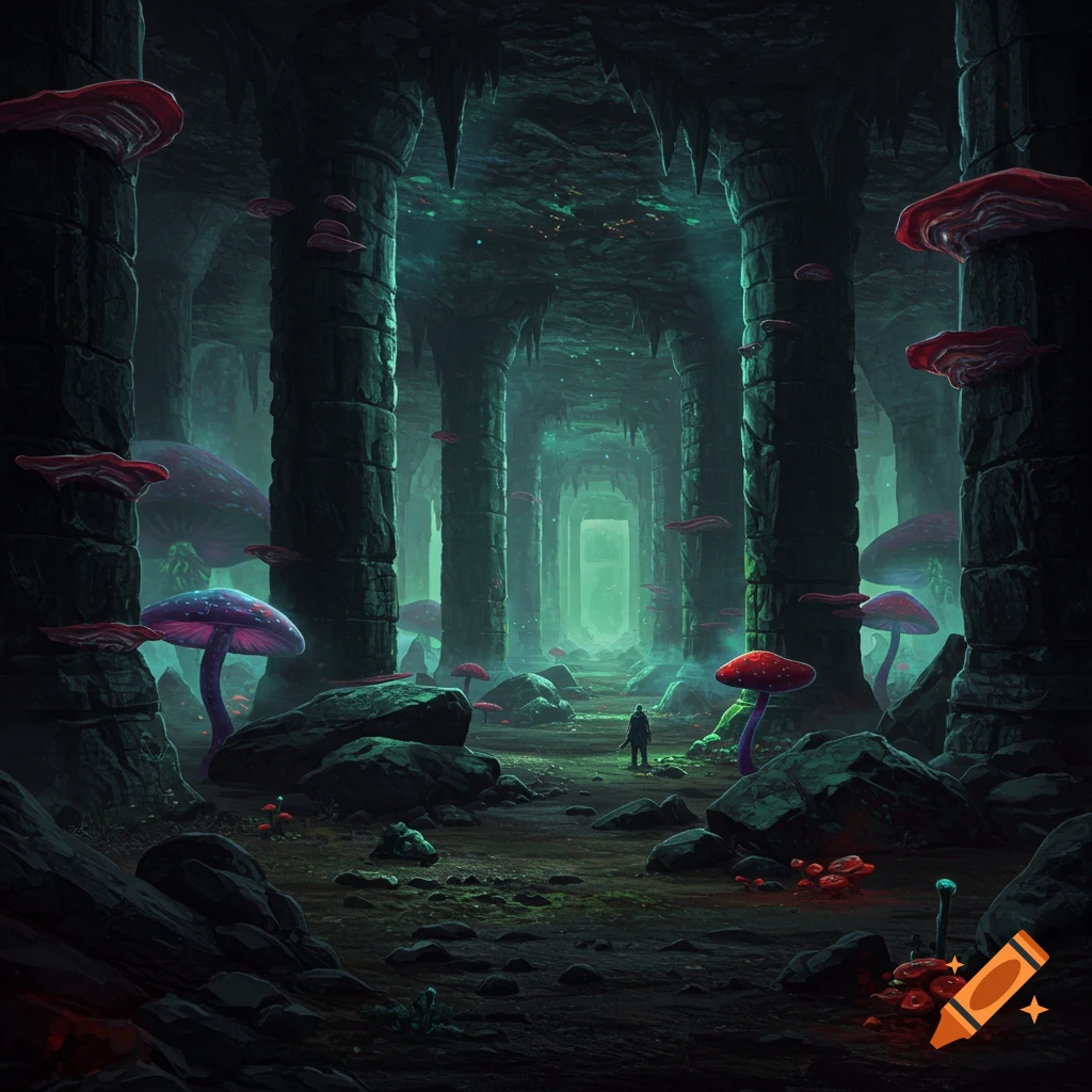 A dark, mysterious fantasy cave with massive stone columns, glowing purple and red mushrooms, and a small figure amidst a hazy green light.