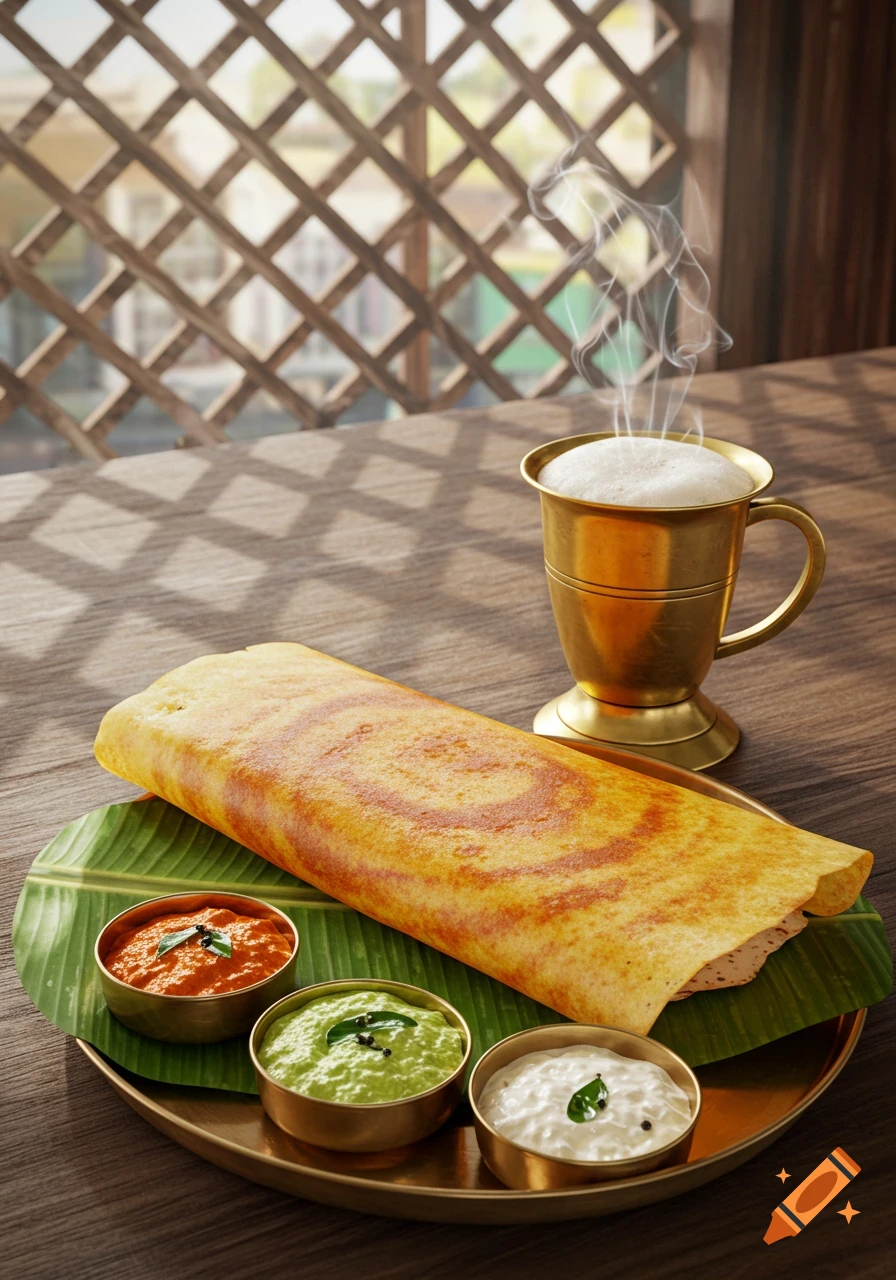 A photorealistic image of a Dosa served on a banana leaf, with three chutneys and a steaming beverage in a brass cup, on a wooden table.