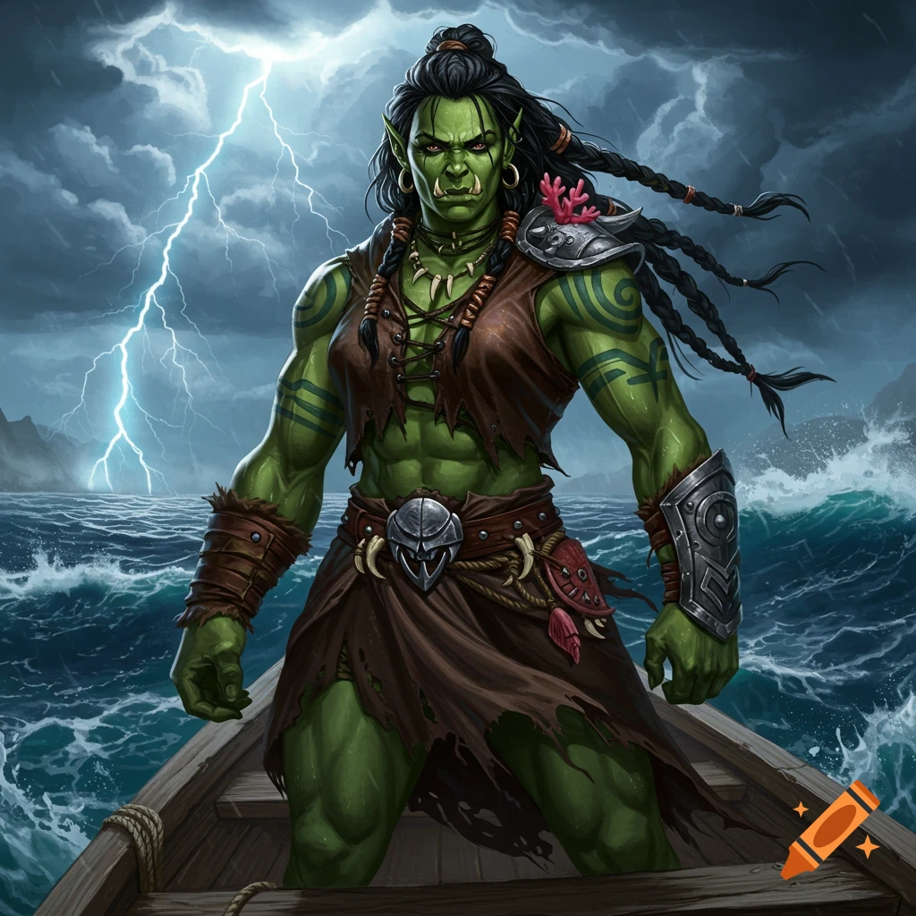 A muscular green-skinned Orc woman in tattered leather stands in a wooden boat on a stormy sea with lightning.
