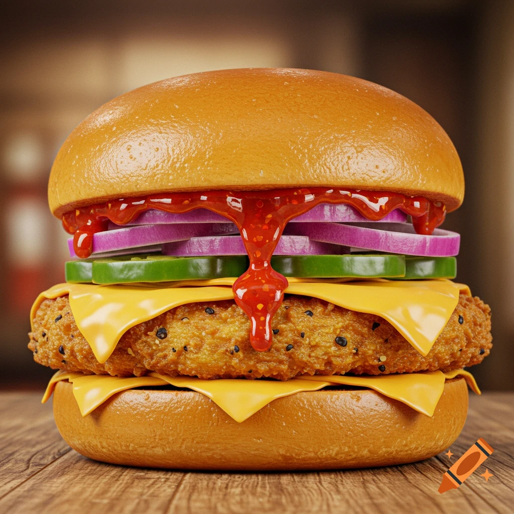 A photorealistic hamburger with a breaded chicken patty, pepper jack cheese, red onion, jalape ños, and hot sauce dripping down.