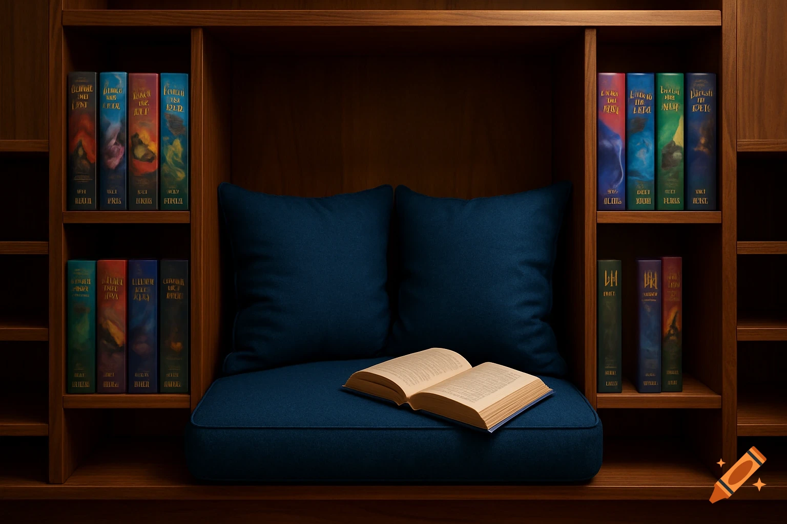 A cozy wooden reading nook with dark blue cushions, an open book, and shelves filled with colorful books.