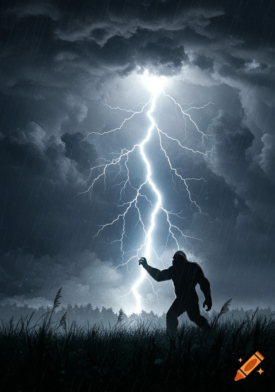 A dramatic silhouette of a Sasquatch catching a lightning bolt during a stormy night in a meadow.