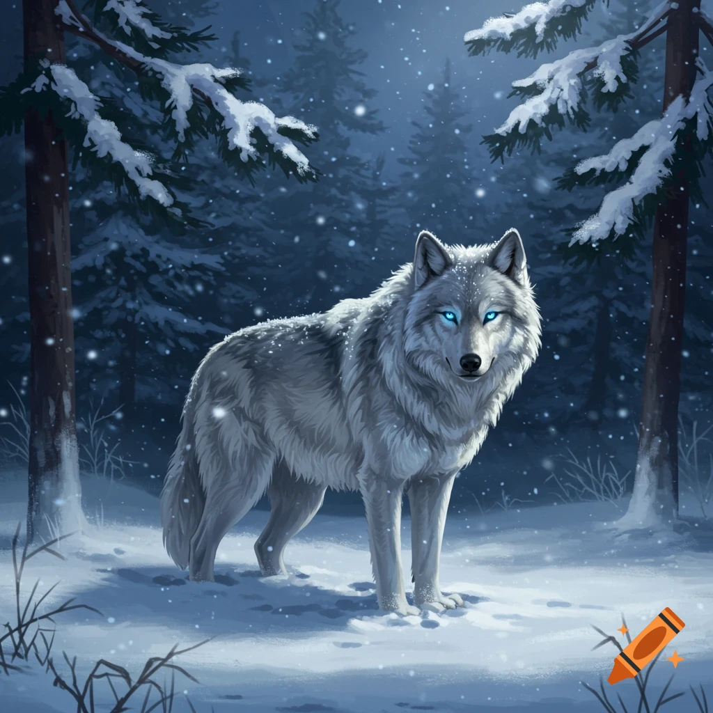 A majestic white wolf with piercing blue eyes stands in a snow-covered ...