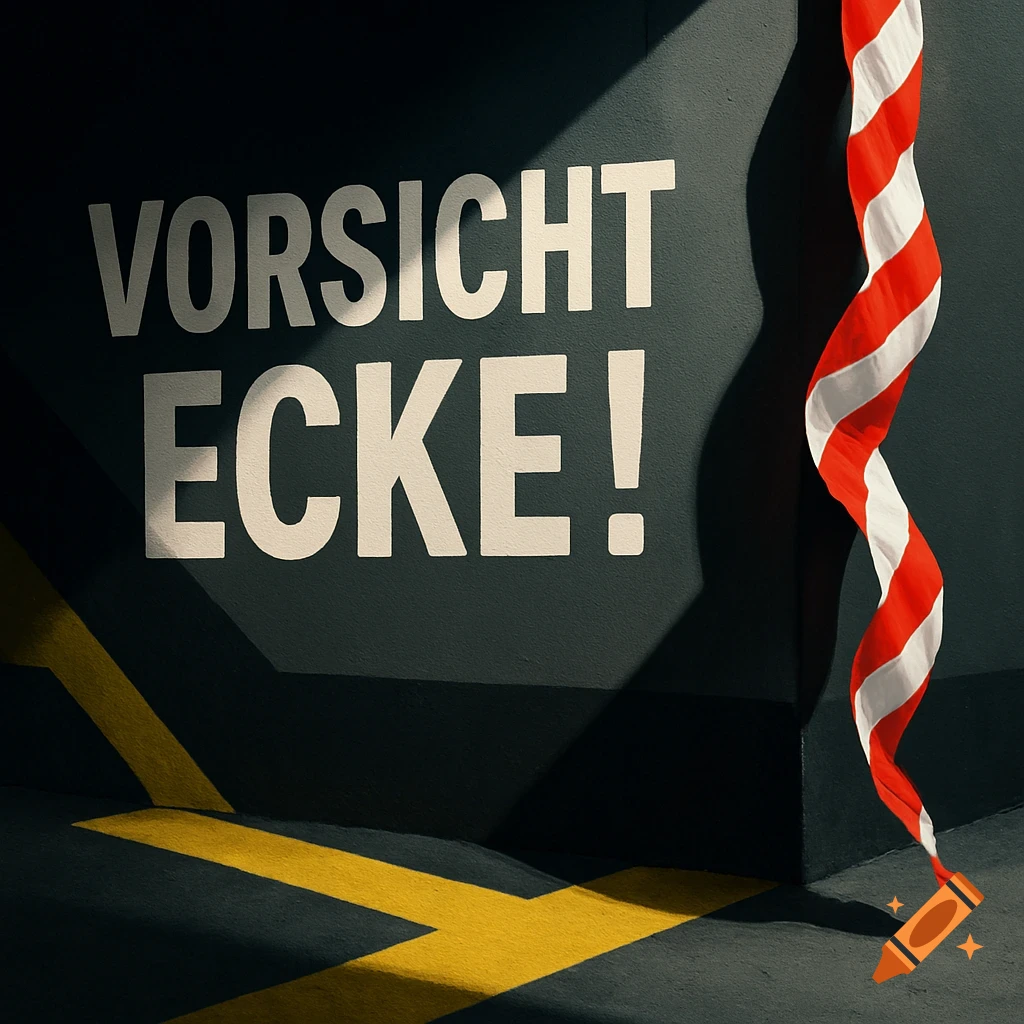 A dark corner with white text 'VORSICHT ECKE!' and a red and white striped barrier tape. Yellow warning lines are on the floor.