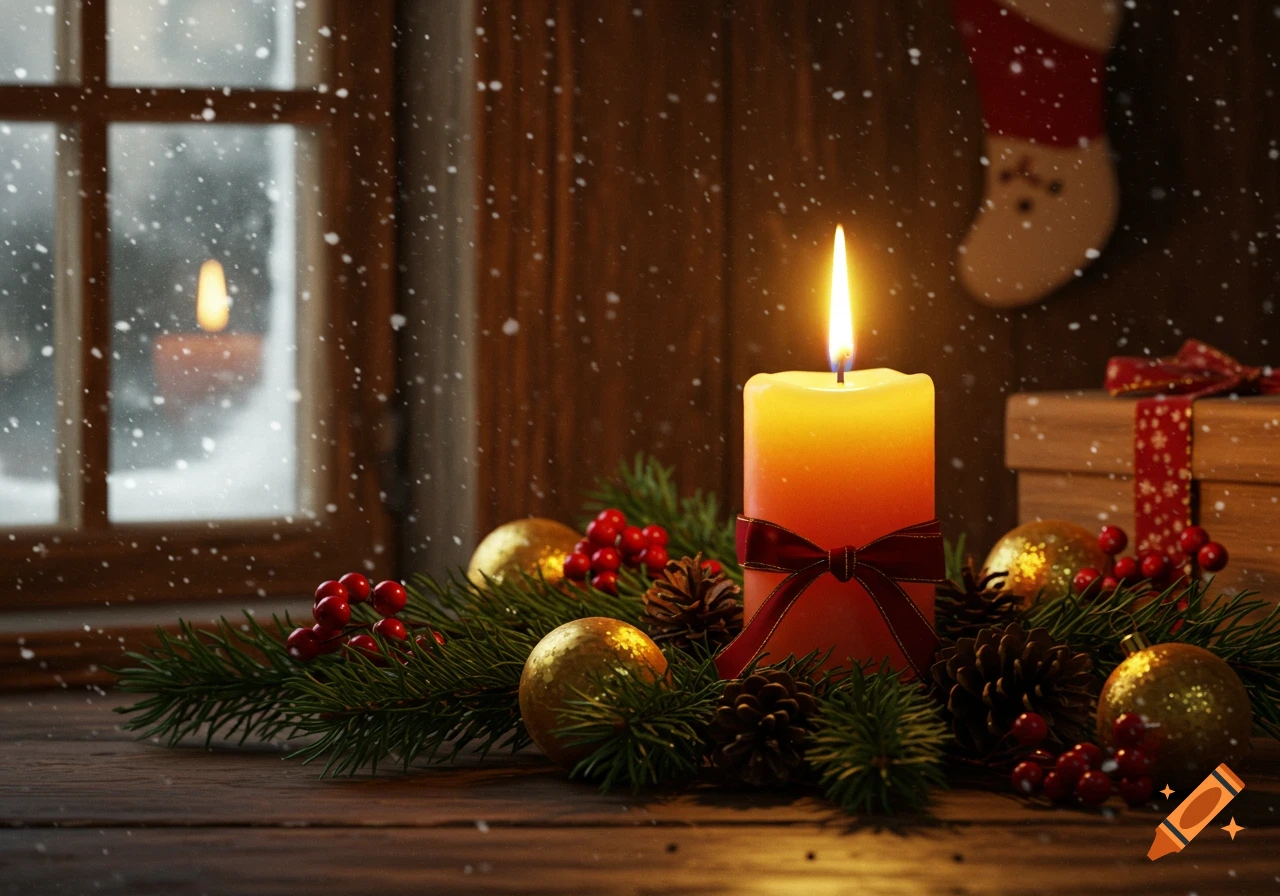 A glowing Christmas candle, festive greenery, and ornaments on a wooden table, with snow falling outside a window.