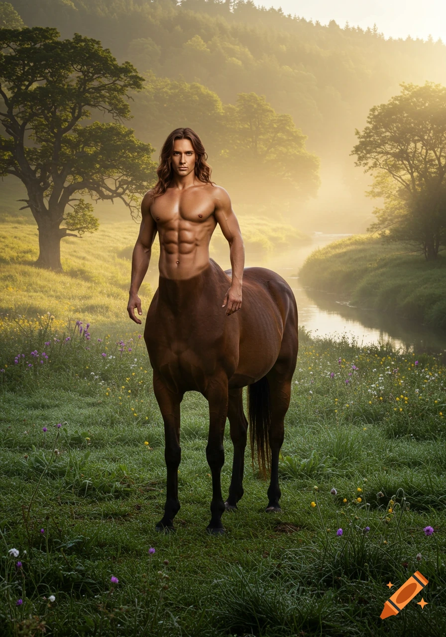 A photorealistic male centaur with a muscular torso stands in a misty ...