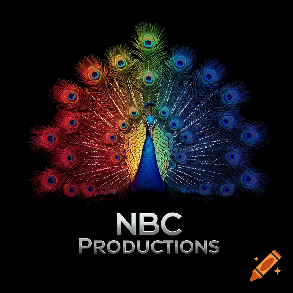 NBC Productions logo featuring a vibrant rainbow-colored peacock with its feathers spread, set against a black background.
