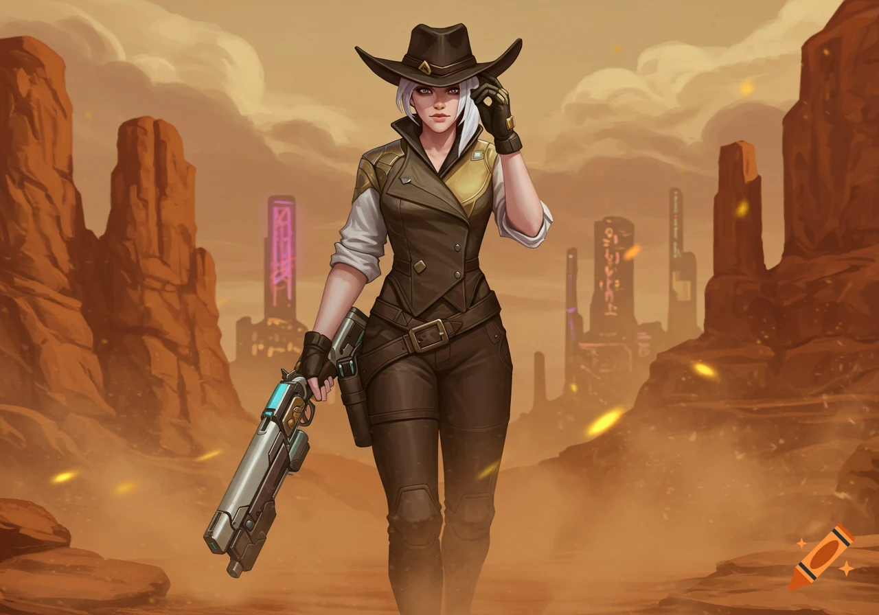A white-haired female character in a brown cowboy hat and vest, holding a futuristic gun, stands in a desert with sci-fi buildings.