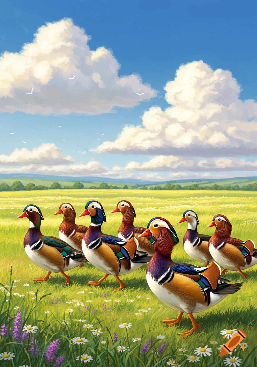 A group of colorful Mandarin ducks walk through a green field with white and purple flowers under a blue sky with fluffy clouds, in an illustrative style.