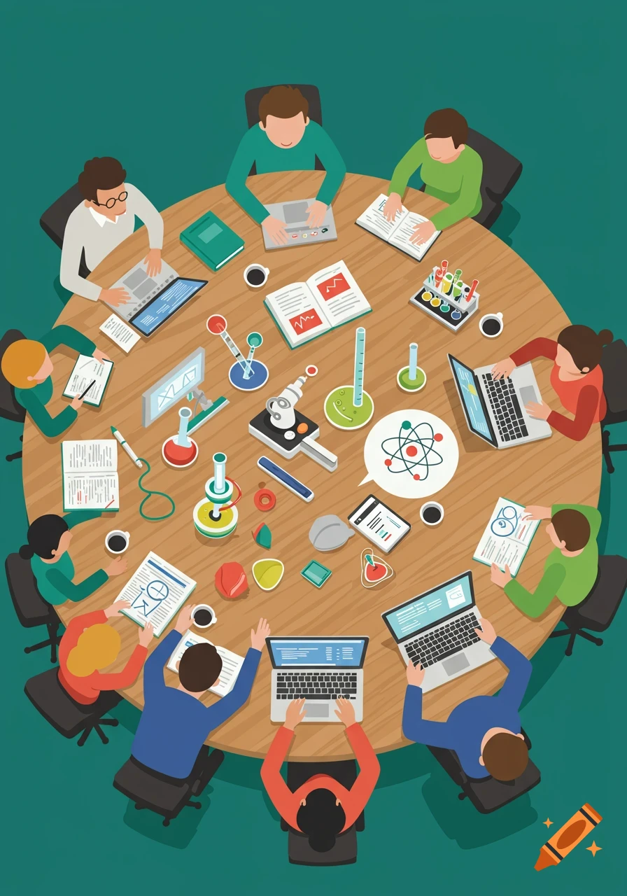 A top-down stylized illustration of diverse people collaborating around a large table with laptops, books, and various science lab equipment.