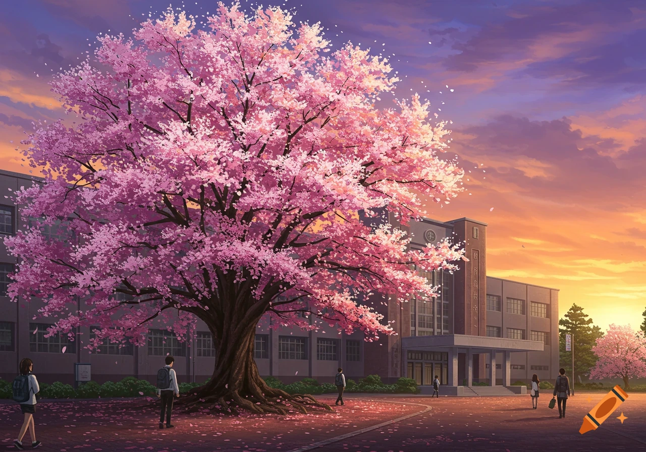 An anime-style scene of a large pink cherry blossom tree in front of a school building at sunset, with students walking around.