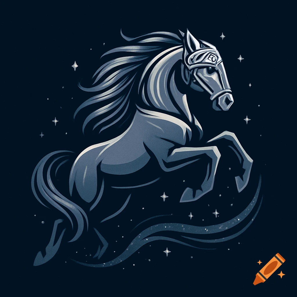 A stylized illustration of a majestic horse rearing, with a gleaming helm and starlight trailing from its hooves against a dark, starry background.