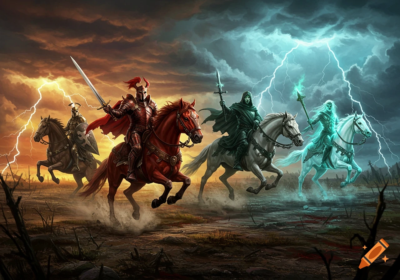Four armored horsemen, including skeletal and robed figures, ride through a stormy, barren landscape under lightning.
