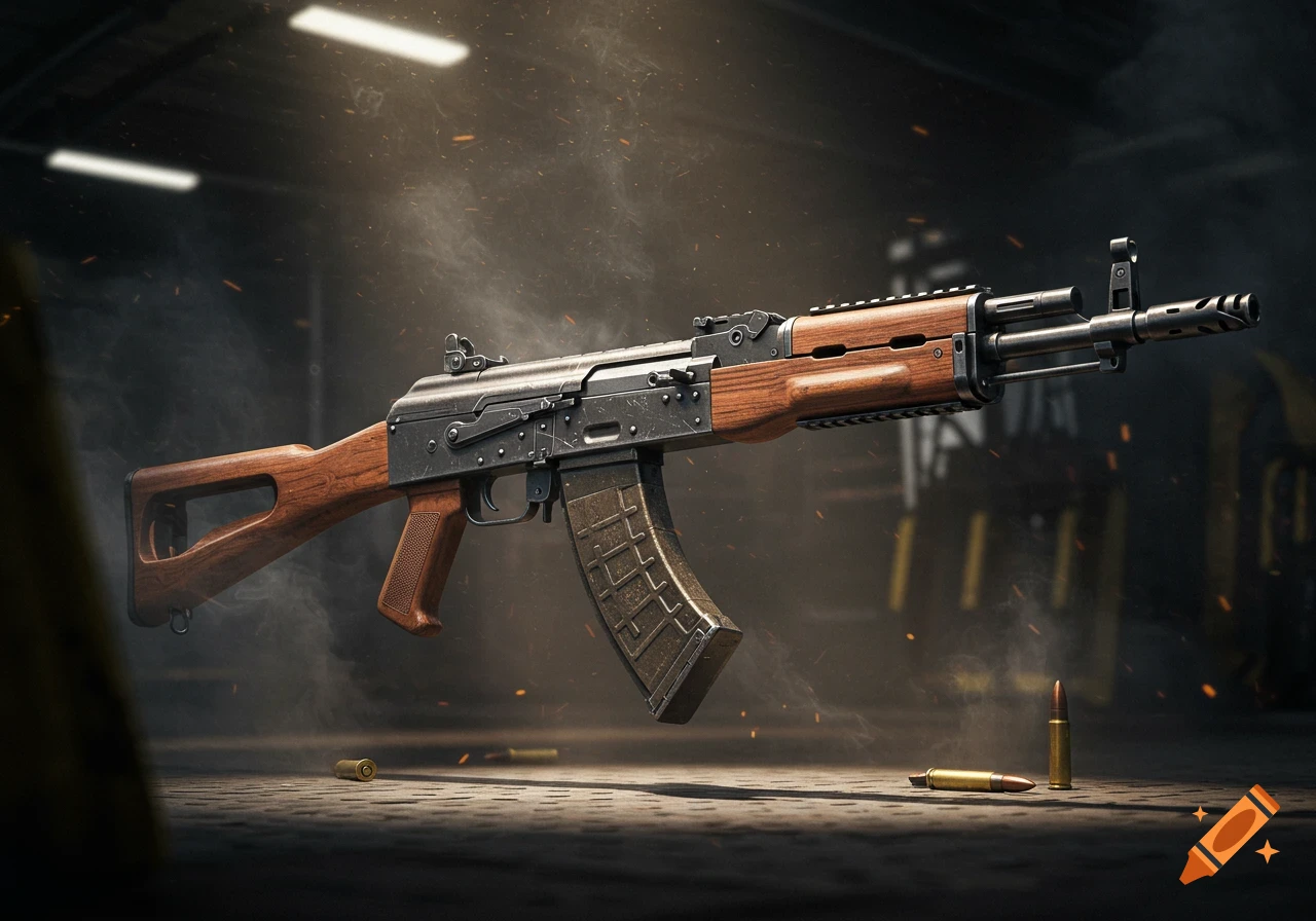 Photorealistic close-up of an AK-47 style assault rifle with wood furniture, smoke, and spent casings on a dark floor.