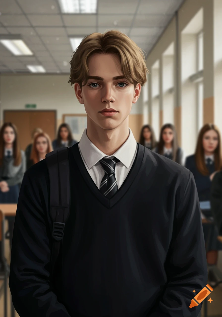 A young male student in a black school uniform and striped tie with a backpack stands in a classroom. Digital art style.