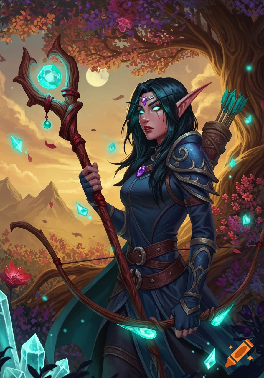 A blood elf priestess with long dark hair and glowing eyes, wearing dark blue armor, holds a staff and a bow. She stands amidst glowing crystals and a colorful tree at dusk.