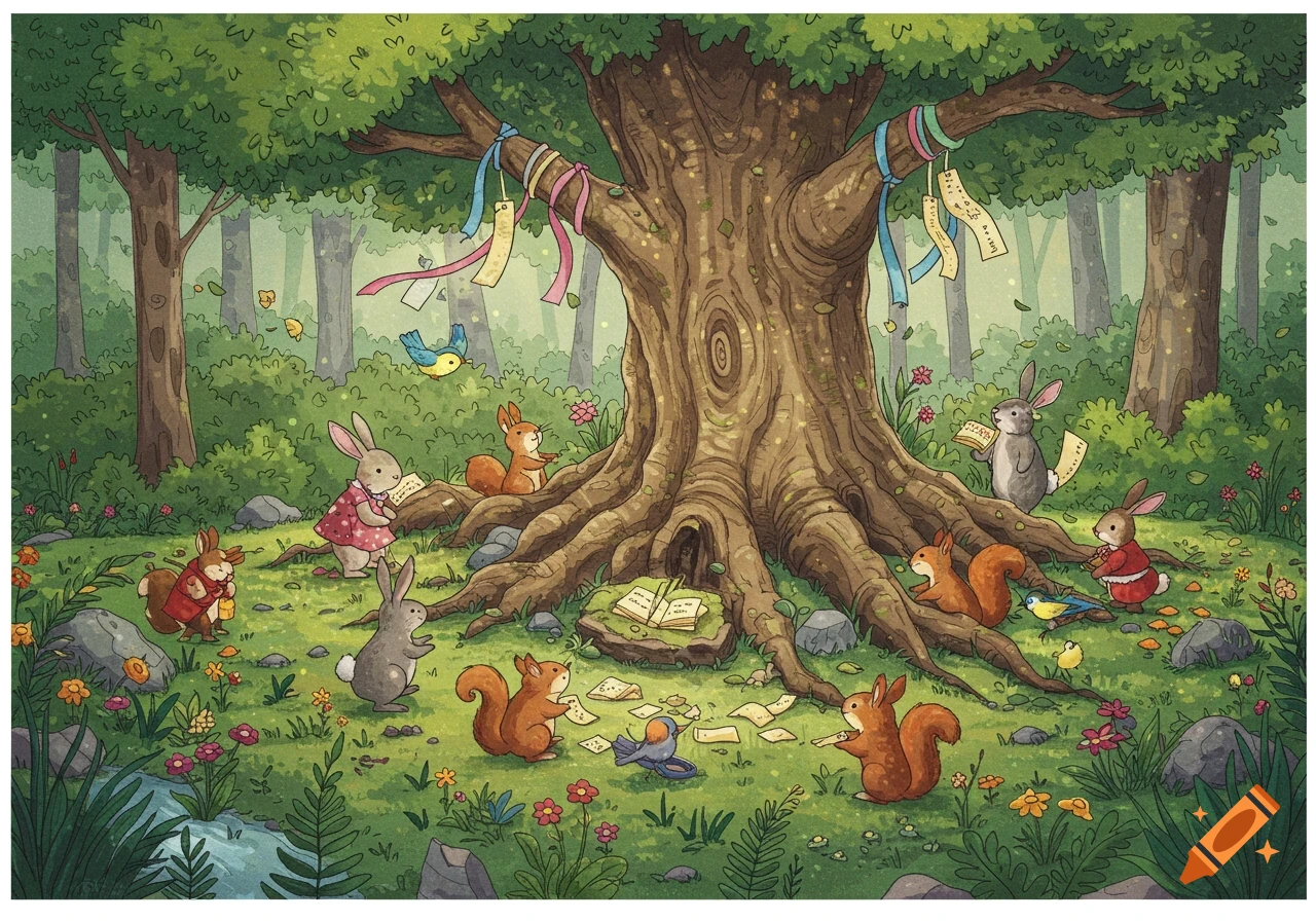 A whimsical illustration of various forest animals, including rabbits ...
