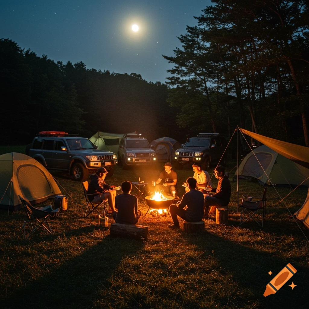A group of friends sits around a glowing campfire at night, surrounded by tents and 4x4 vehicles under a full moon. Photorealistic.