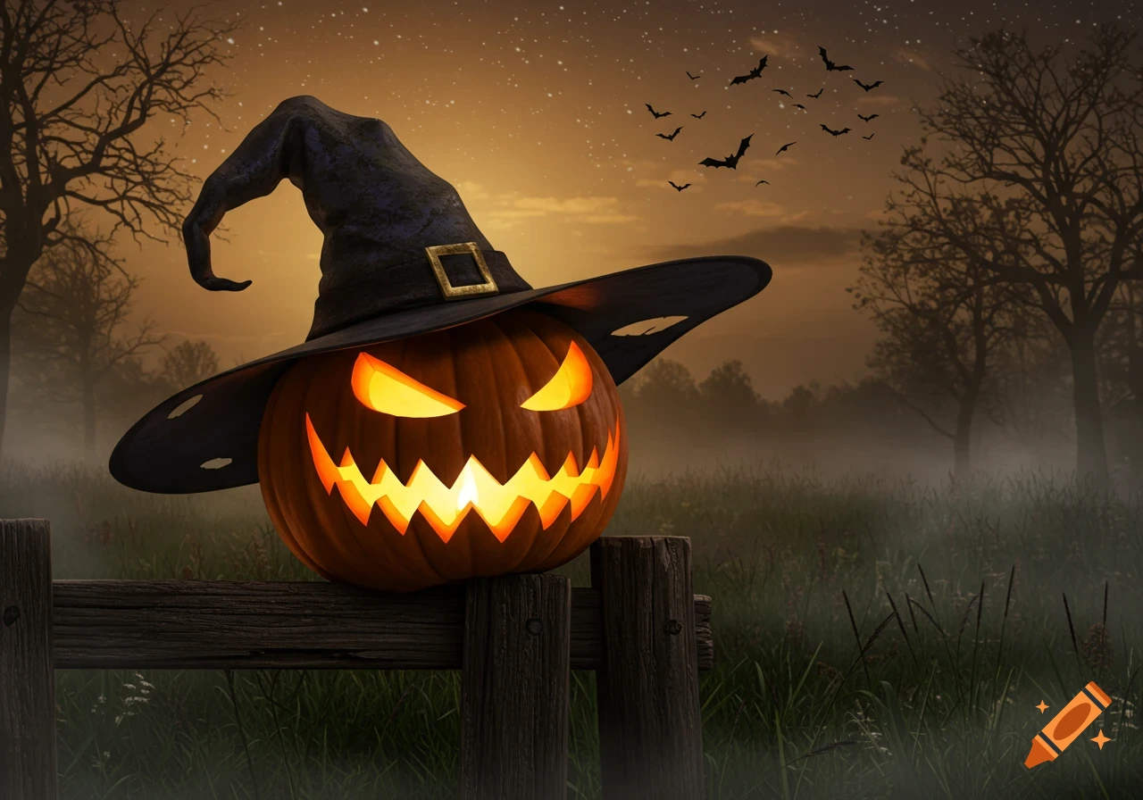 A glowing jack-o'-lantern wearing a witch hat sits on a wooden fence in a misty, dark Halloween night with flying bats.