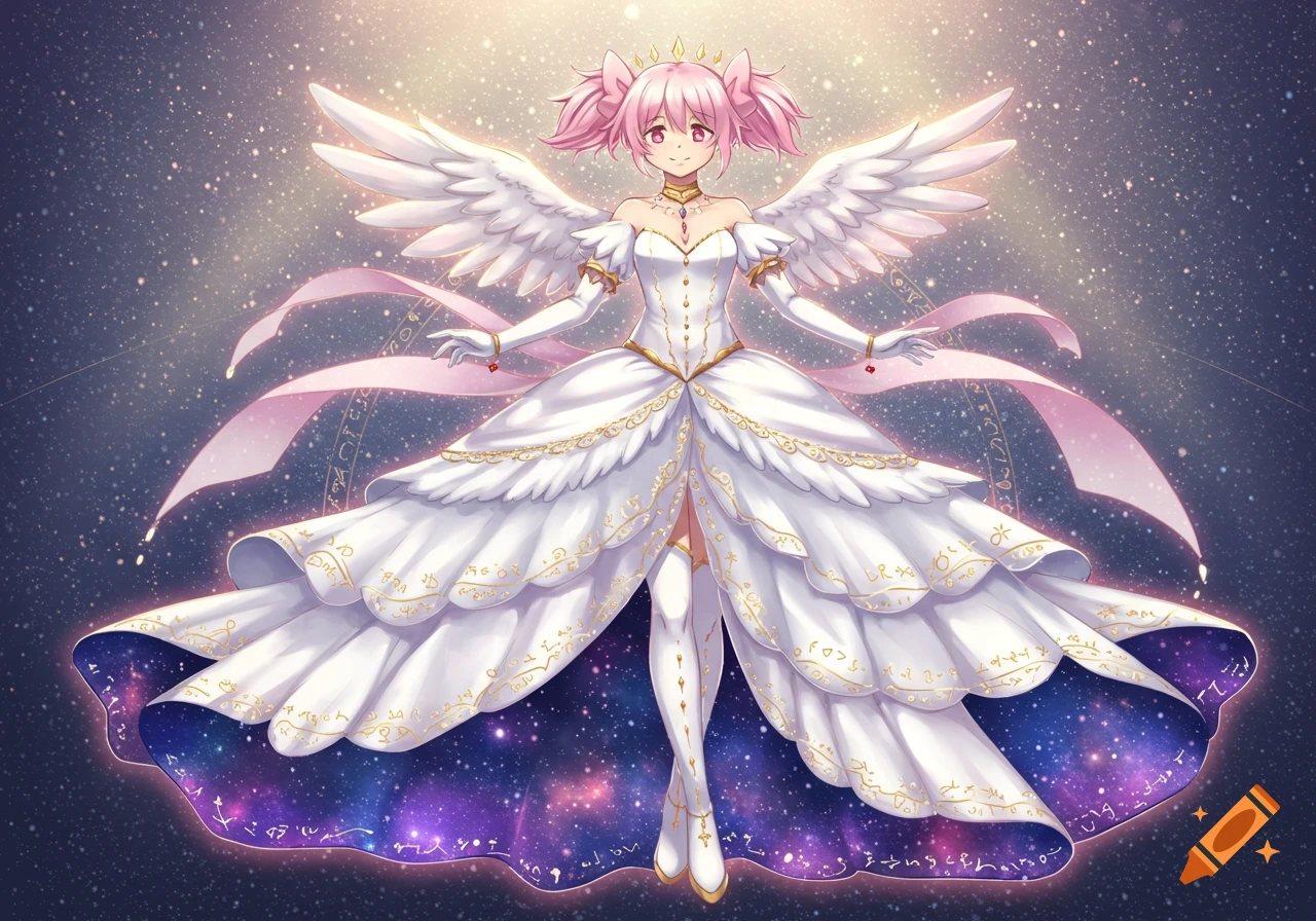 A full-body anime girl with pink pigtails, a crown, and white feathered wings wears a layered white gown with gold details and a starry purple inner lining, floating against a glittering cosmic background.