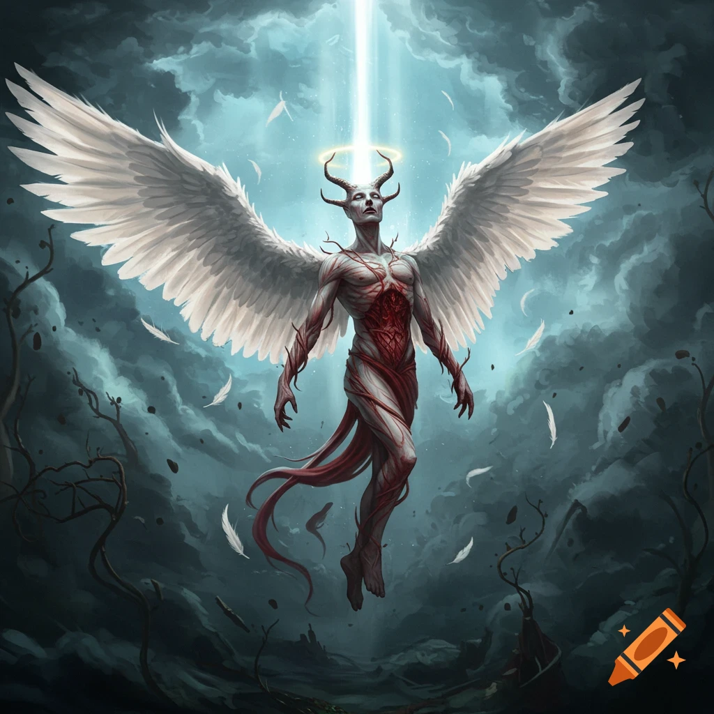 A grotesque, winged figure with horns and exposed ribs floats under a beam of light in a dark, stormy sky with falling feathers.