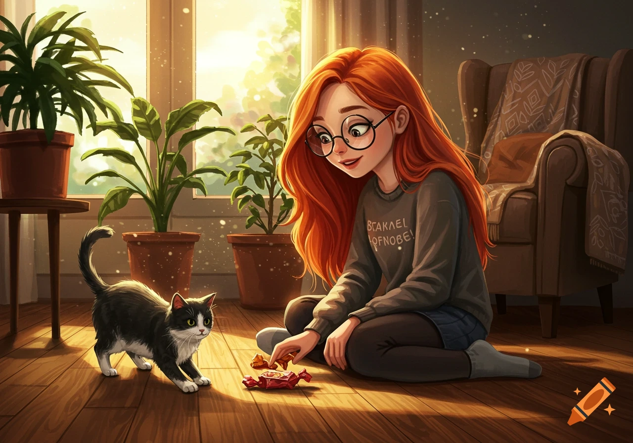 Illustrative red-haired girl with glasses plays with a black and white cat and a candy wrapper on a sunny wooden floor.