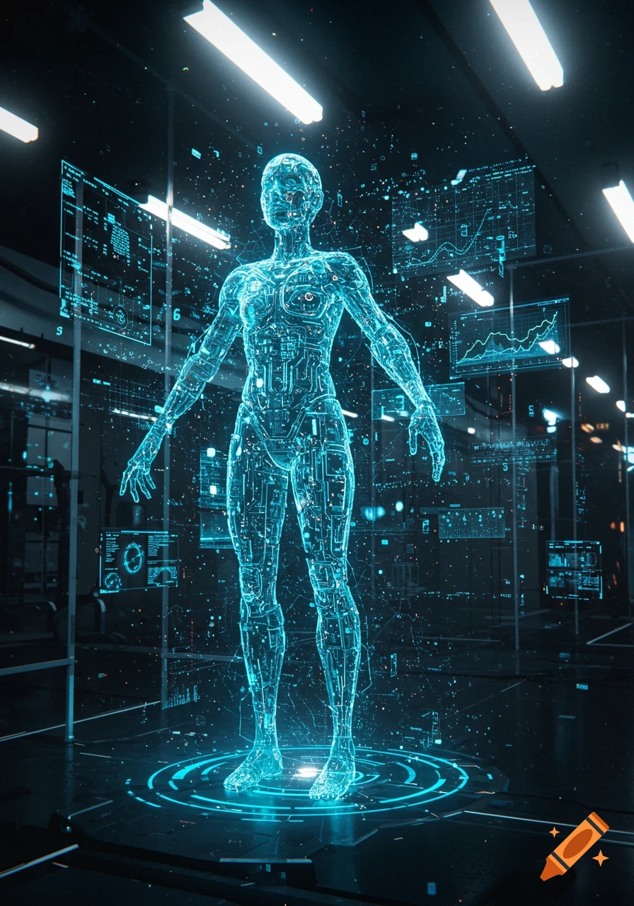 A holographic, circuit-patterned human figure stands amidst glowing blue data screens in a dark, futuristic setting.